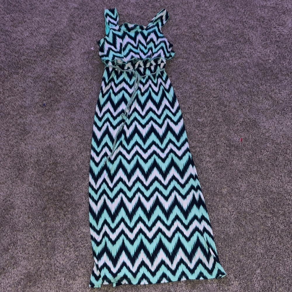 turquoise and white patterned dress